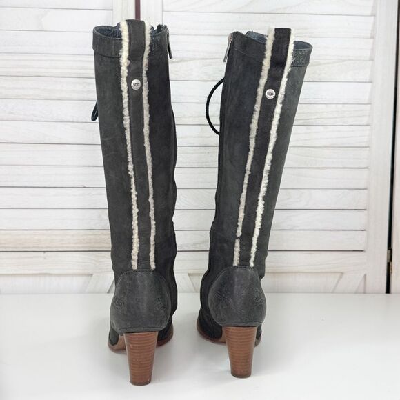 Ugg Camille Oil Rubbed Leather Lace Up Knee High Heeled Boots Black 6.5 5488 - Picture 6 of 13